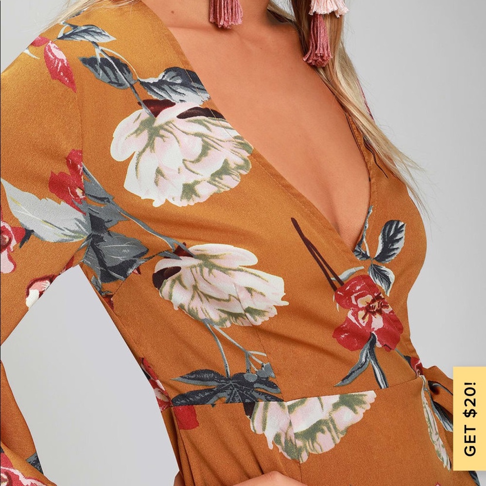 Lulu’s Mustard Yellow Floral Midi Wrap Dress NWOT - Picture 4 of 7